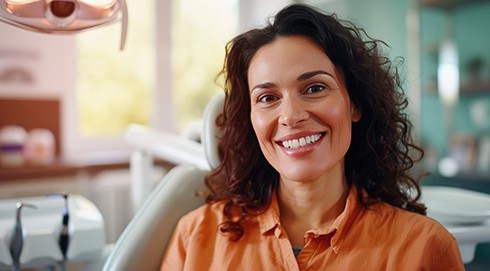 Closeup of woman smiling in treatment room
