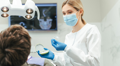 Dentist showing patient clear aligner in treatment room