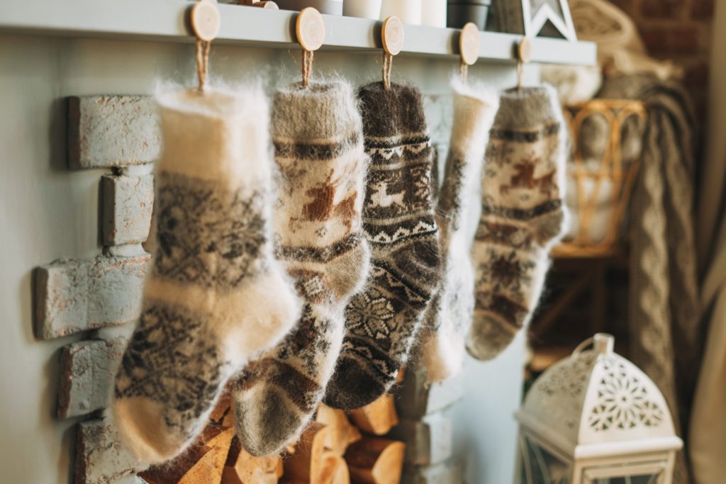 Wool stocking hung over a fireplace