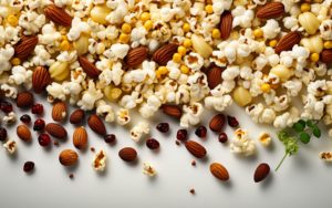 Popcorn and nuts on a white background